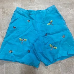 CJ Laing 10 blue 100% linen short dragonflies bees ladybugs summer Embroidery